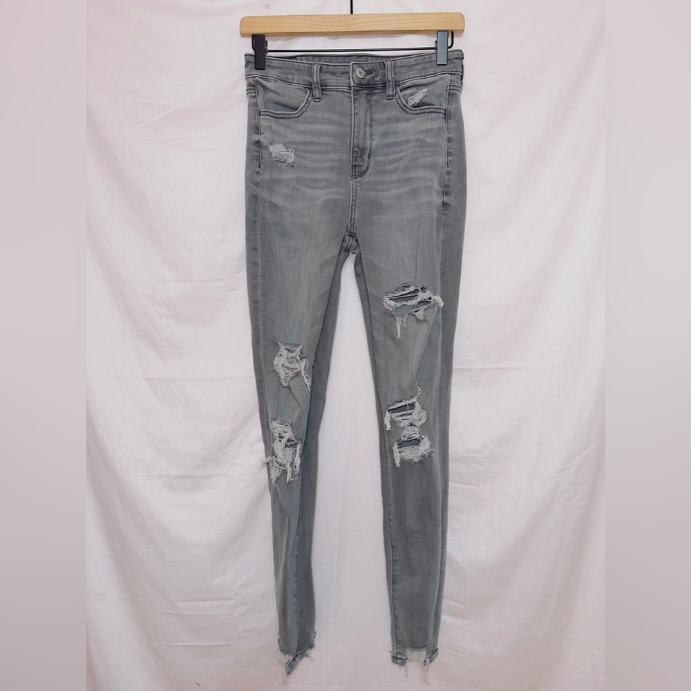 American Eagle Gray Wash Distressed Next level Stretch Super Hi Rise Jegging 4